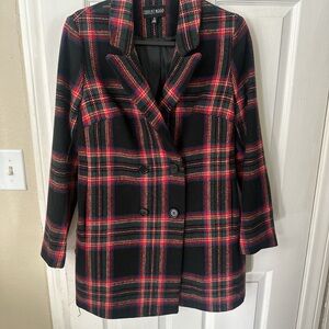 Current Mood Black and Red Plaid Pea Coat